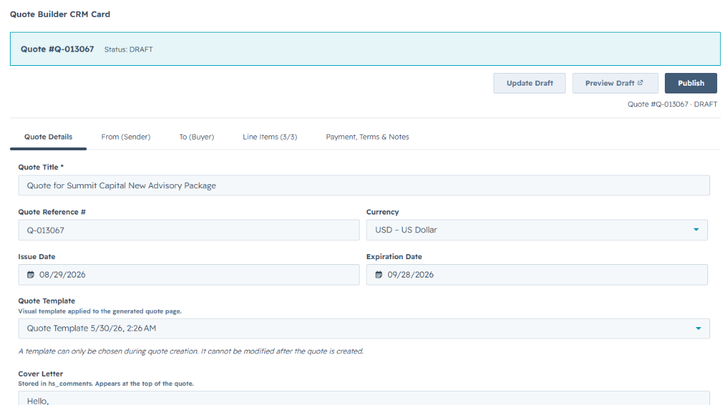 HubSpot Deal CRM Card — Quote Builder interface screenshot